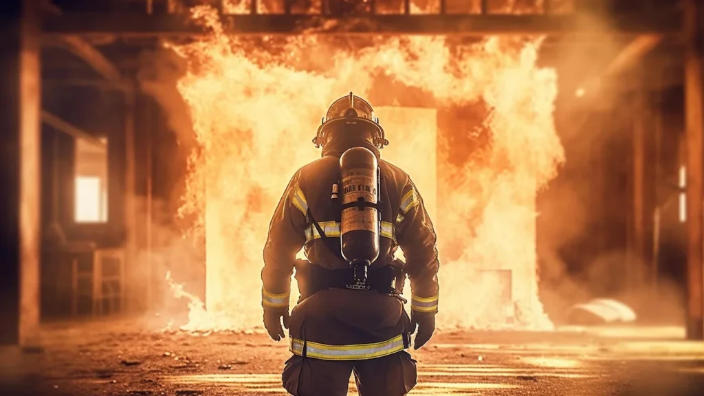 AFFF contamination In the image, a firefighter gazes at the blazing fire, representing the context of AFFF, lawsuits, and firefighting.