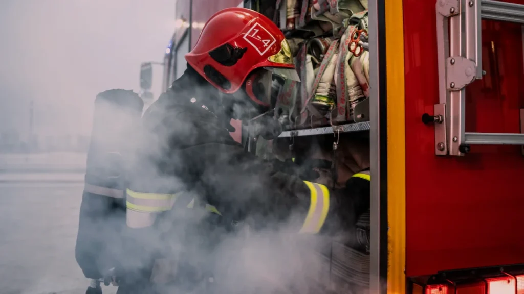 AFFF A firefighter stands near his truck amidst heavy smoke, symbolizing the connection to AFFF Lawsuits and firefighting efforts.