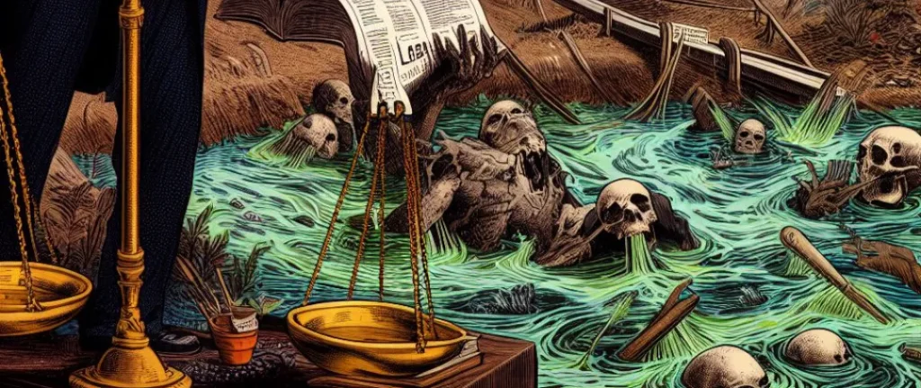 The image depicts a toxic lake filled with skulls and contaminated toxic water. A scale of justice stands on a table in front of the lake, symbolizing the legal battles and the compensation claims for the environmental damage.