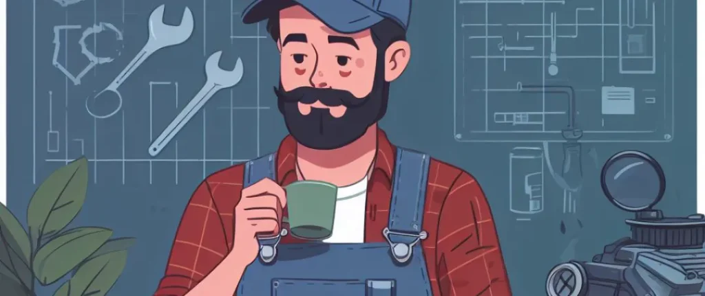 The image illustrates a mechanical man drinking coffee during one of his breaks. He looks thoughtful, as if he is pondering about the legal battles and the compensation for the toxic water that affected his life.