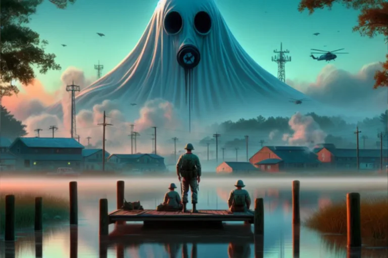 The image shows military men facing a toxic water ghost rising from a lake. They seek justice and compensation for the legal battles over the polluted water.